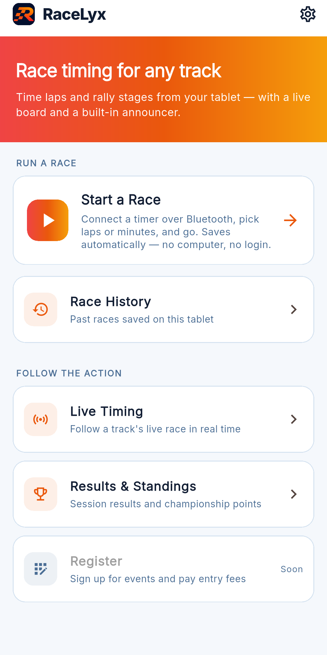 RaceLyx mobile home screen